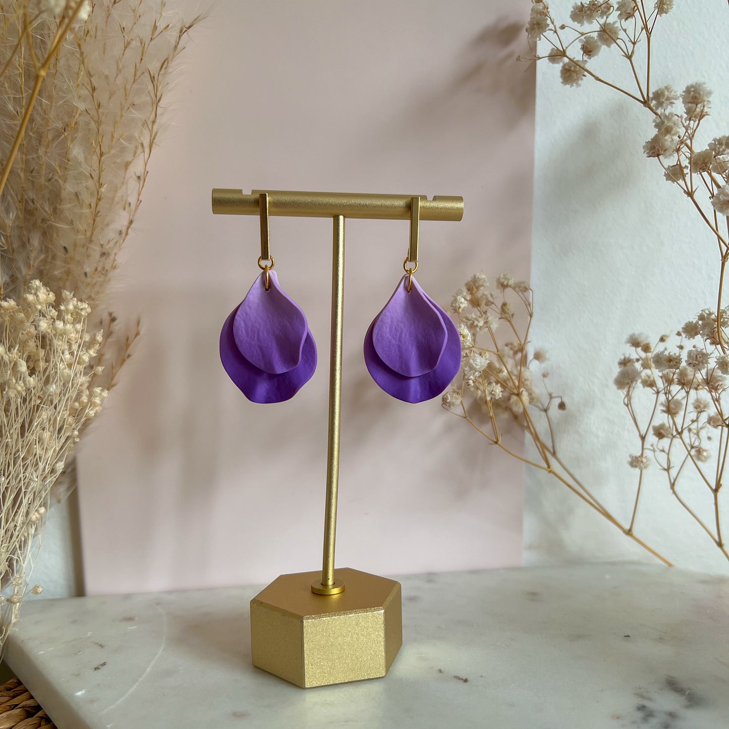 DELEN STEM | medium double rose petal earrings on straight stud drop in violet purple ombré