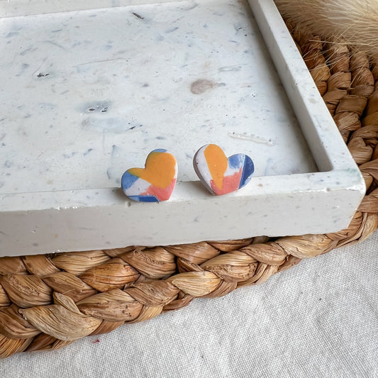 KARA | Small heart stud earrings in multicoloured cubist terrazzo version 3