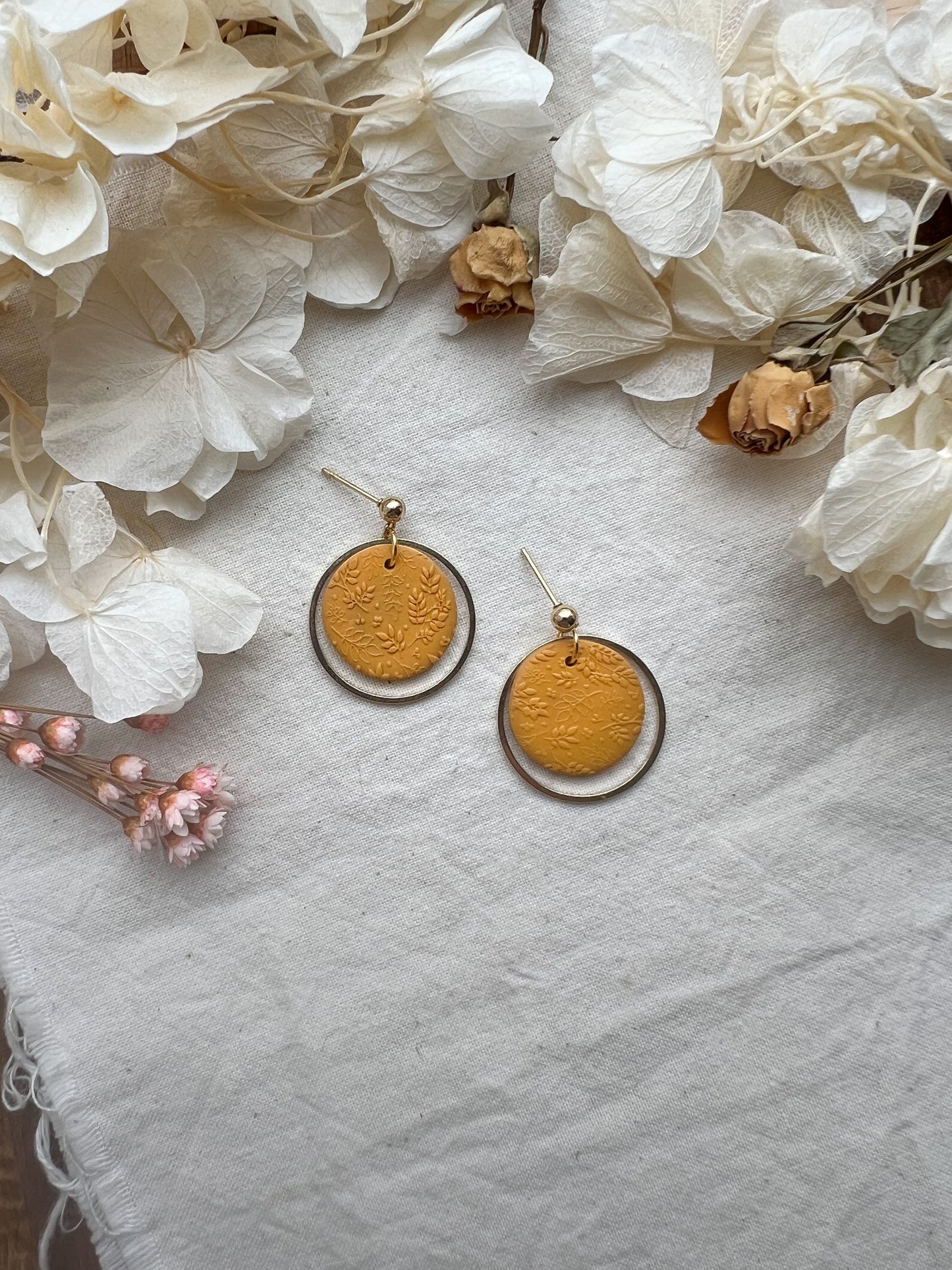 Medium Round Stud Drop Earrings in Ochre Yellow
