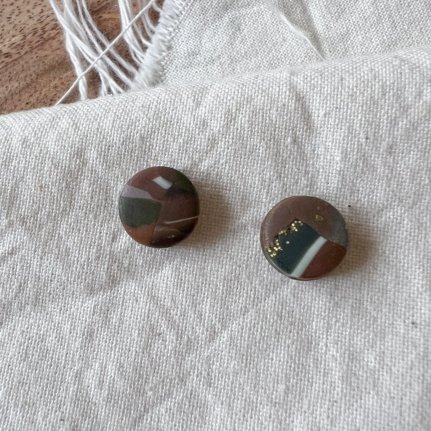 Small Round Stud Earring in Earth Tone Abstract Marble