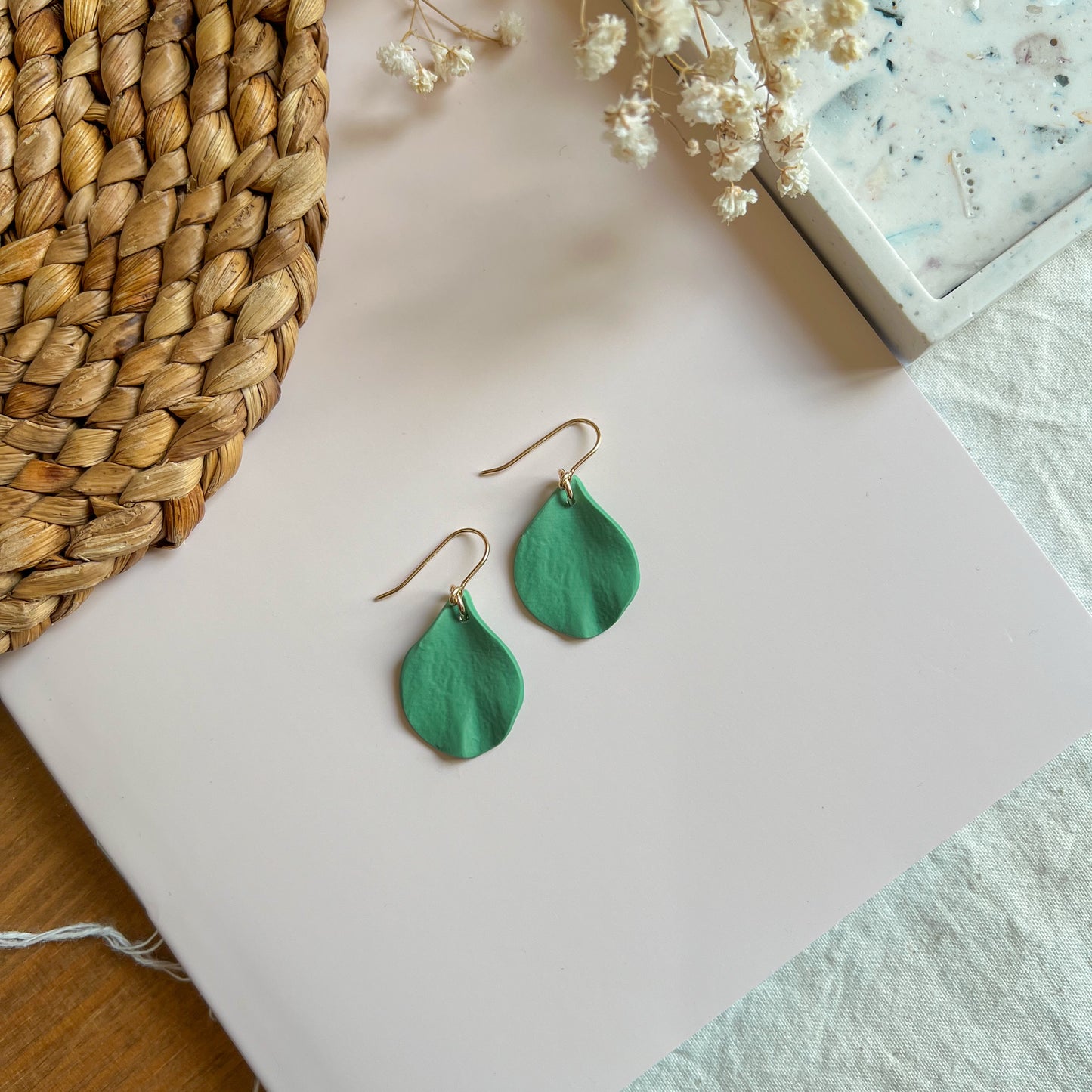 DELEN | small rose petal hook earrings in sage green