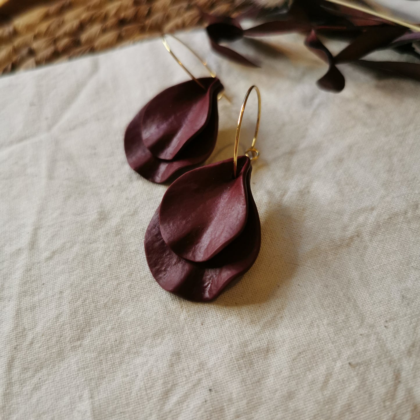 DELEN DOUBLE | medium rose petal 20mm hoop earrings in deep merlot red