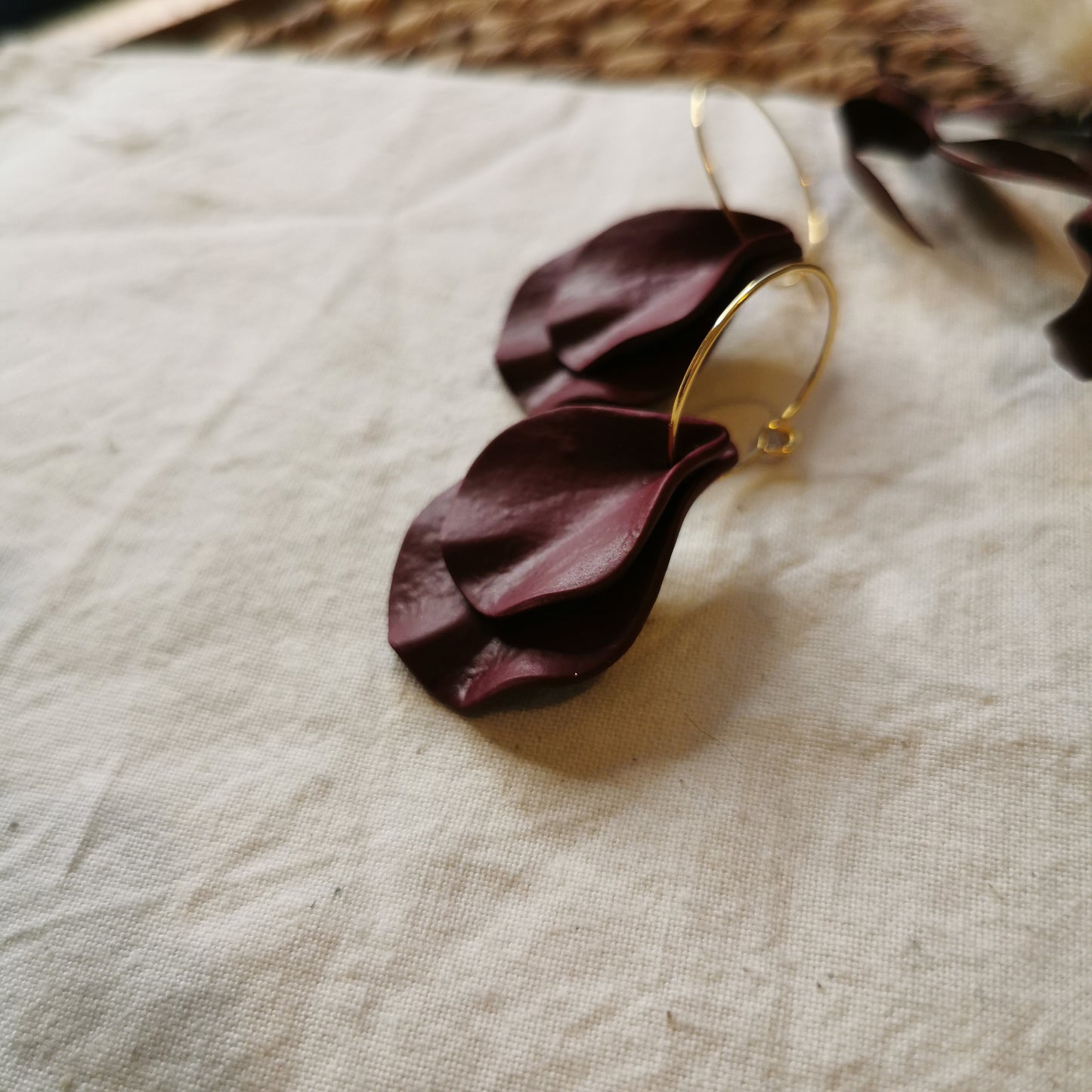 DELEN DOUBLE | medium rose petal 20mm hoop earrings in deep merlot red