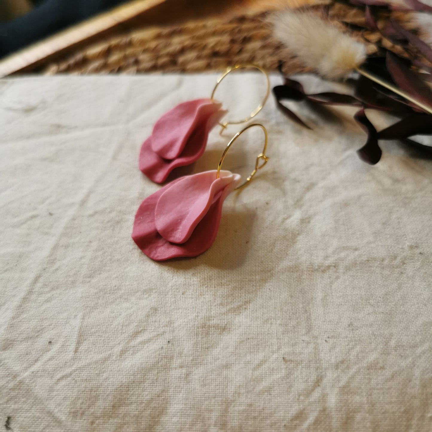 DELEN DOUBLE | medium rose petal 20mm hoop earrings in vivid spring pink ombre