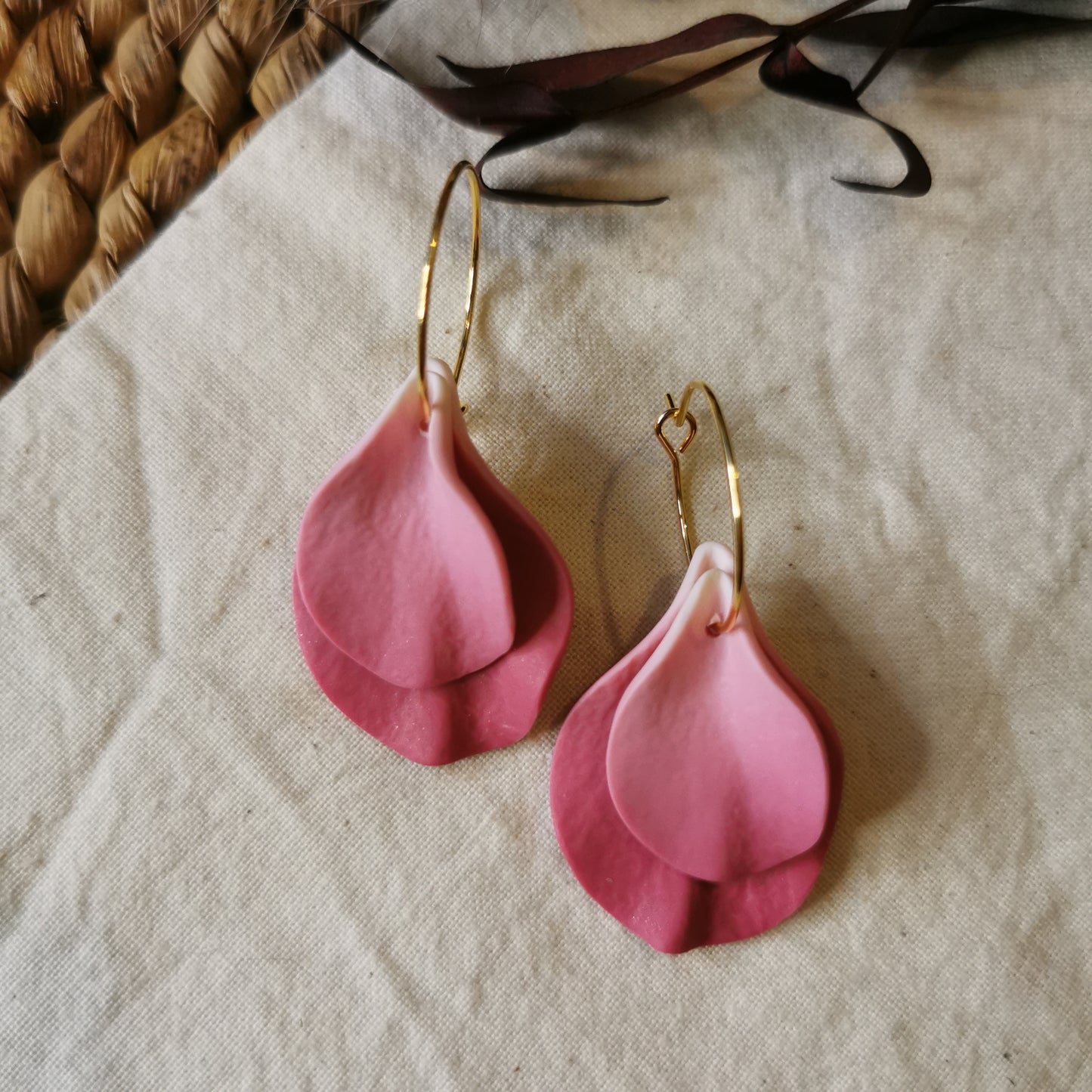 DELEN DOUBLE | medium rose petal 20mm hoop earrings in vivid spring pink ombre