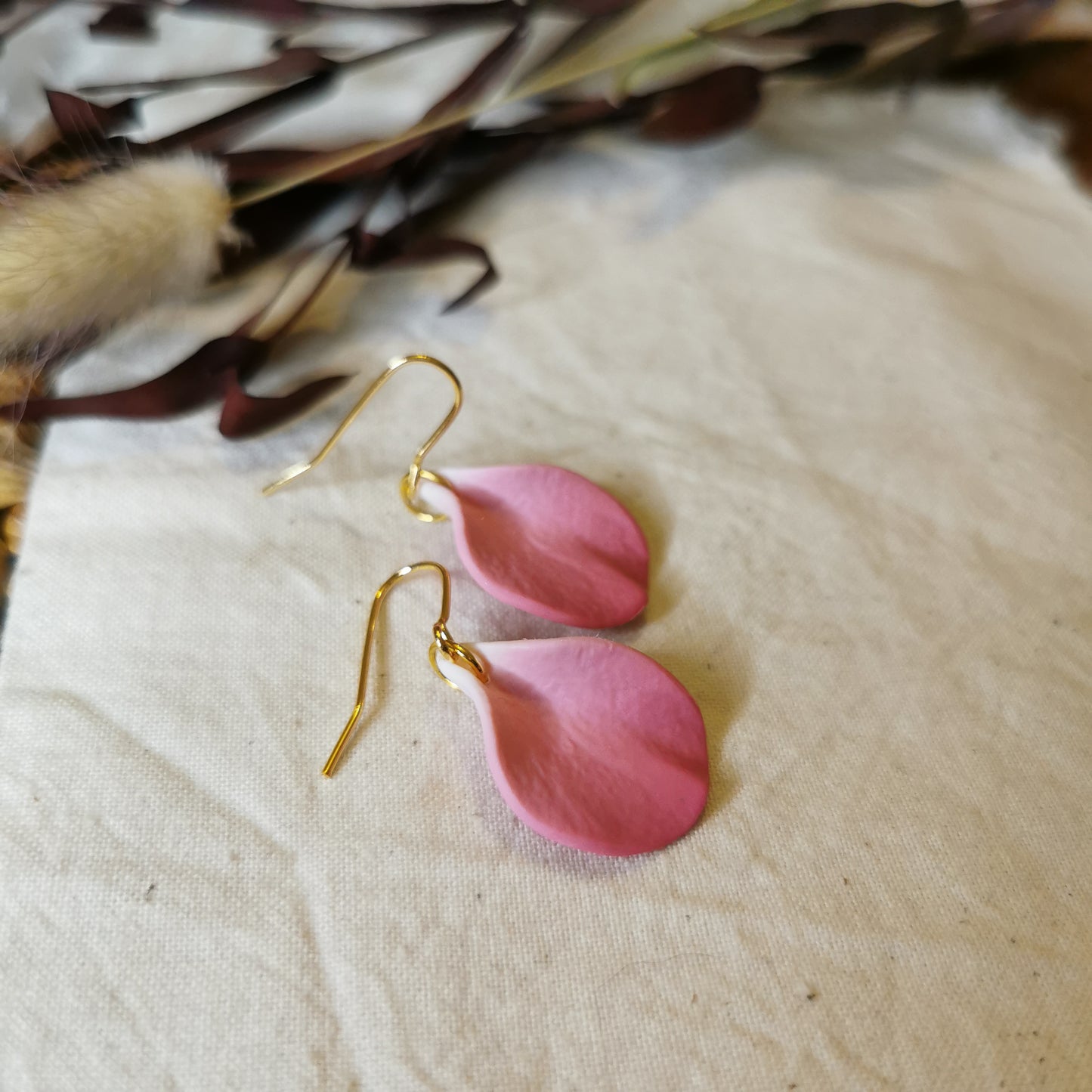 DELEN | small rose petal hook earrings in vivid spring pink ombre