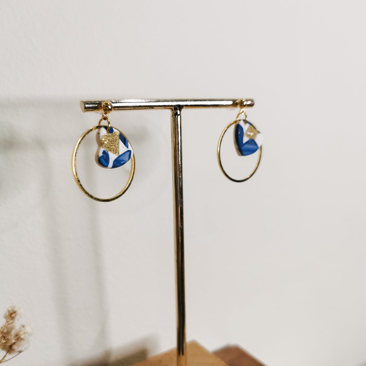 KARA | round hoop with heart detail stud drop earrings in mussel shell blue terrazzo