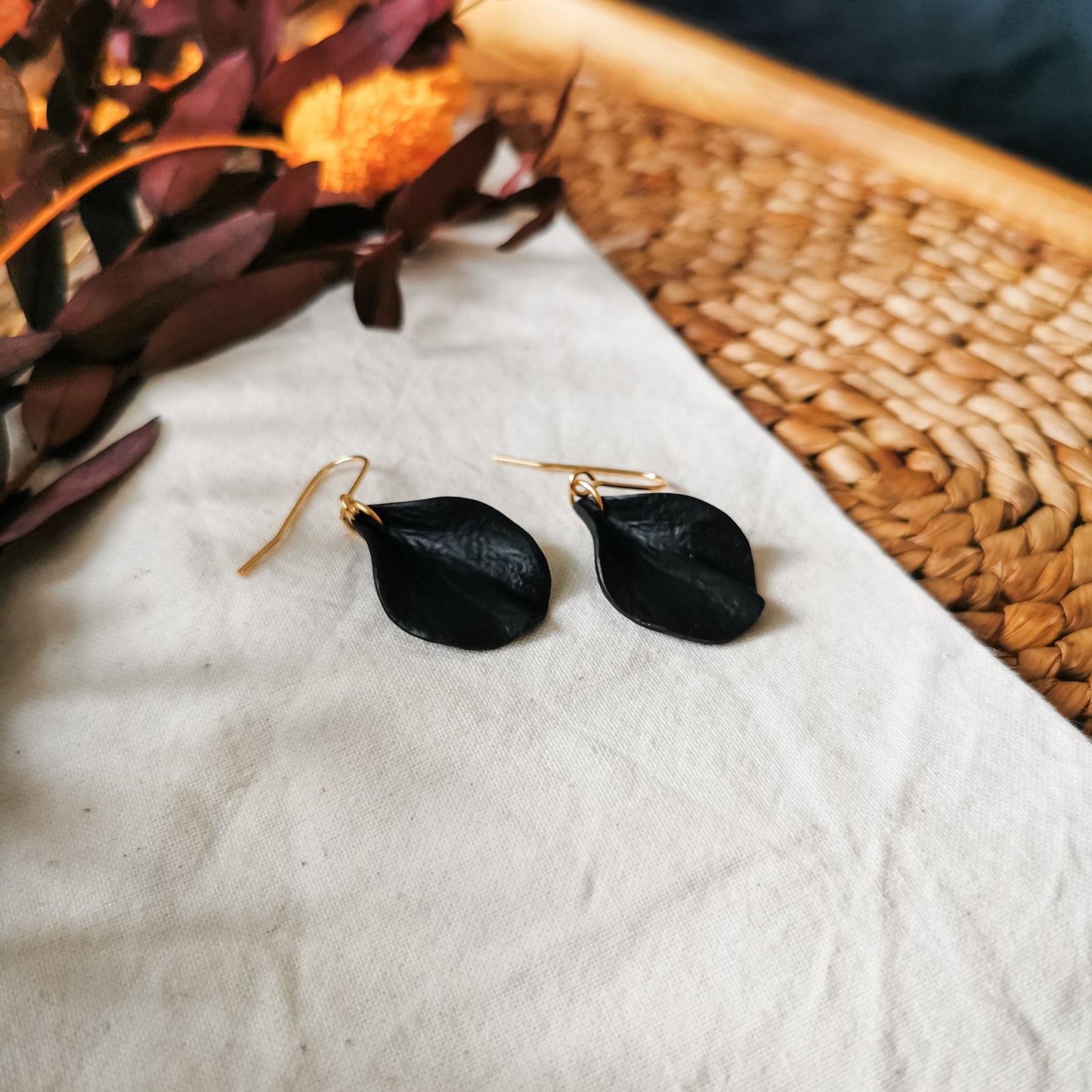 DELEN | small rose petal hook earrings in black velvet