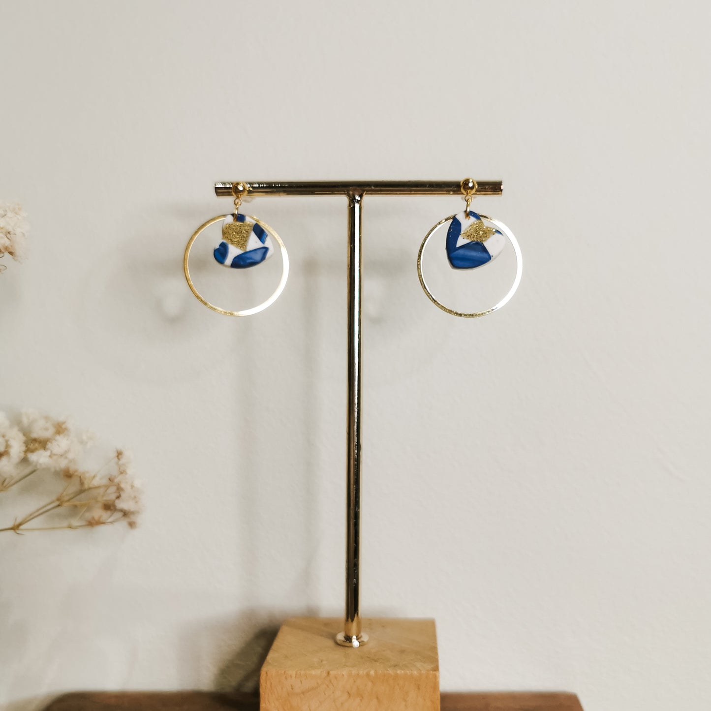KARA | round hoop with heart detail stud drop earrings in mussel shell blue terrazzo