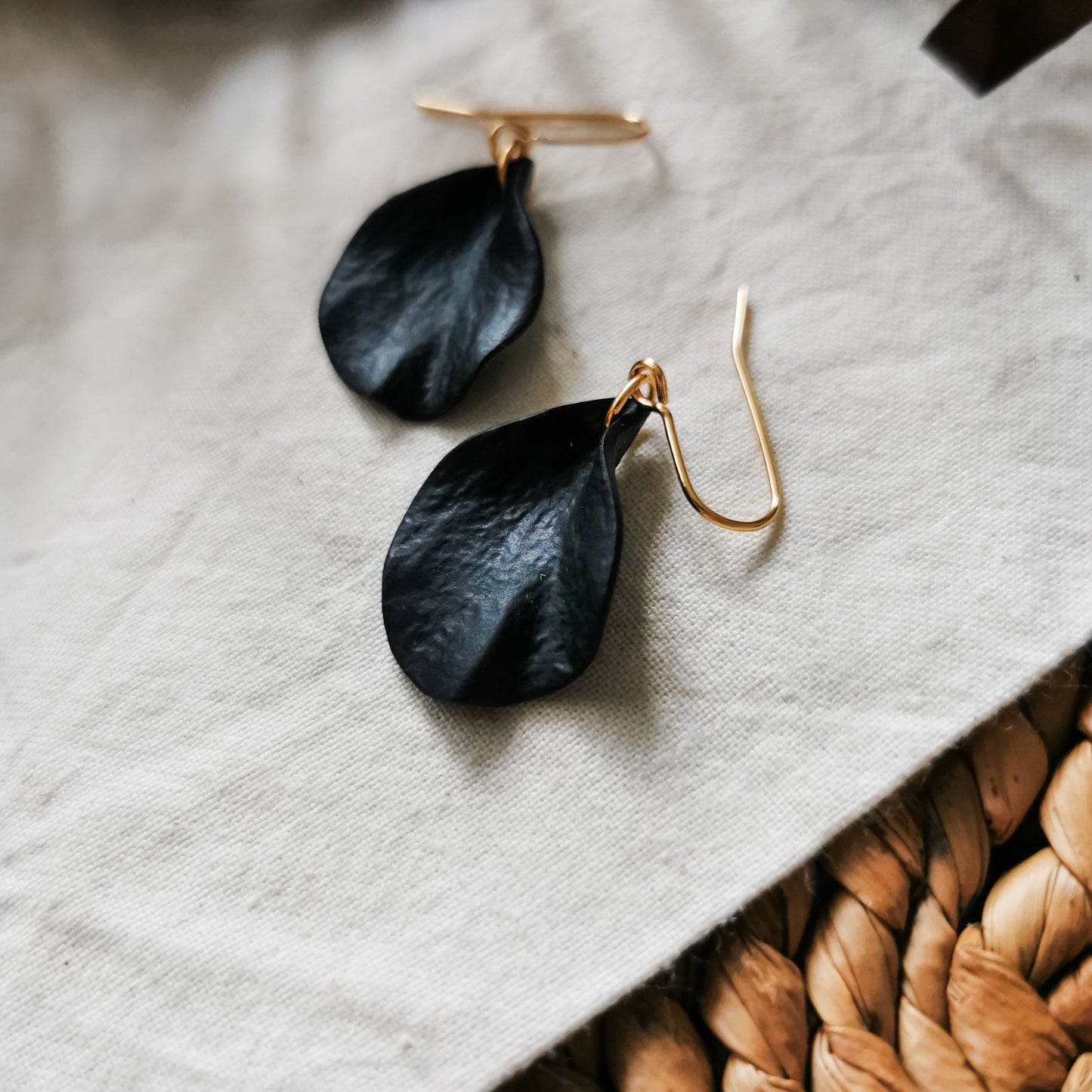 DELEN | small rose petal hook earrings in black velvet