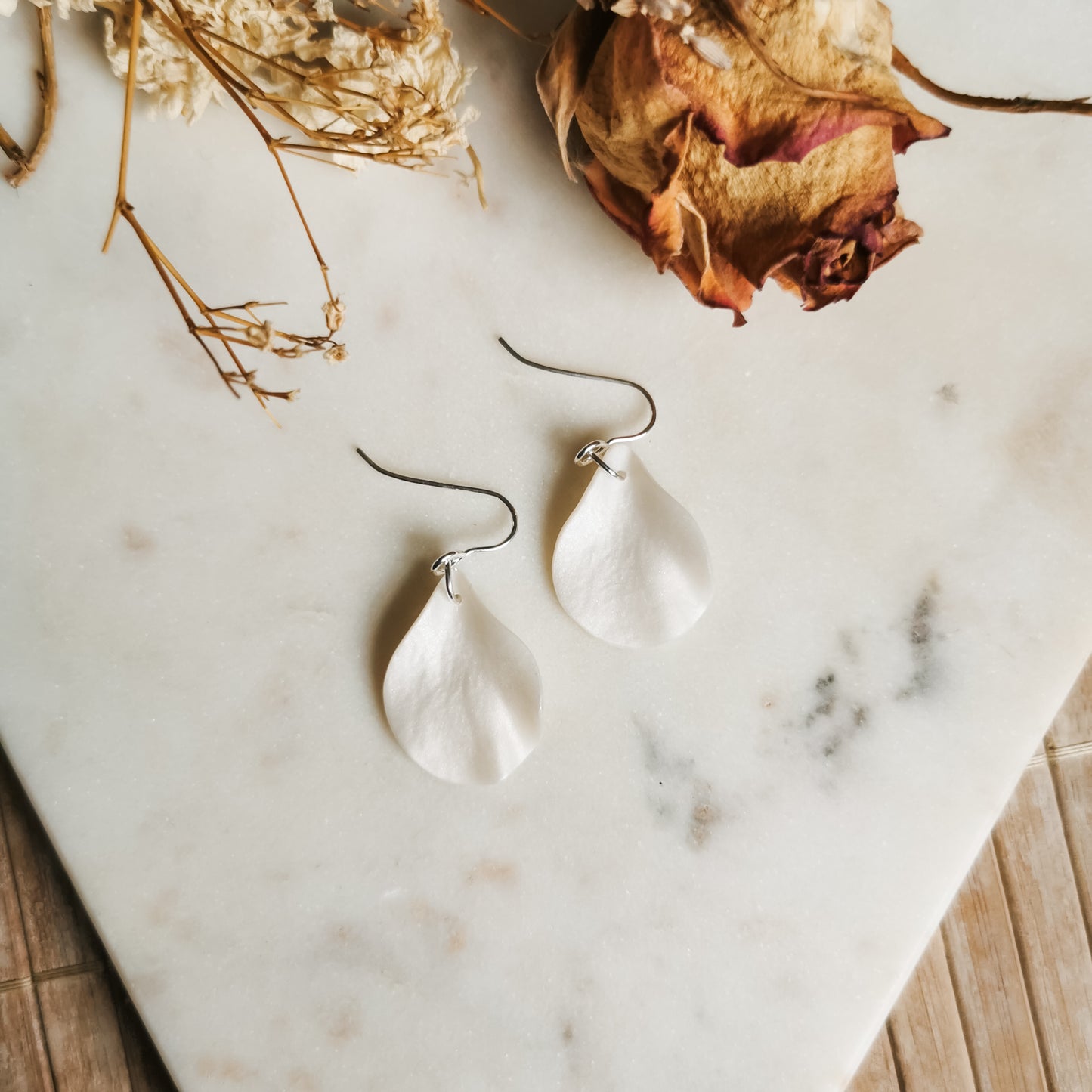 Small Petal Hook Earrings in Pearl White