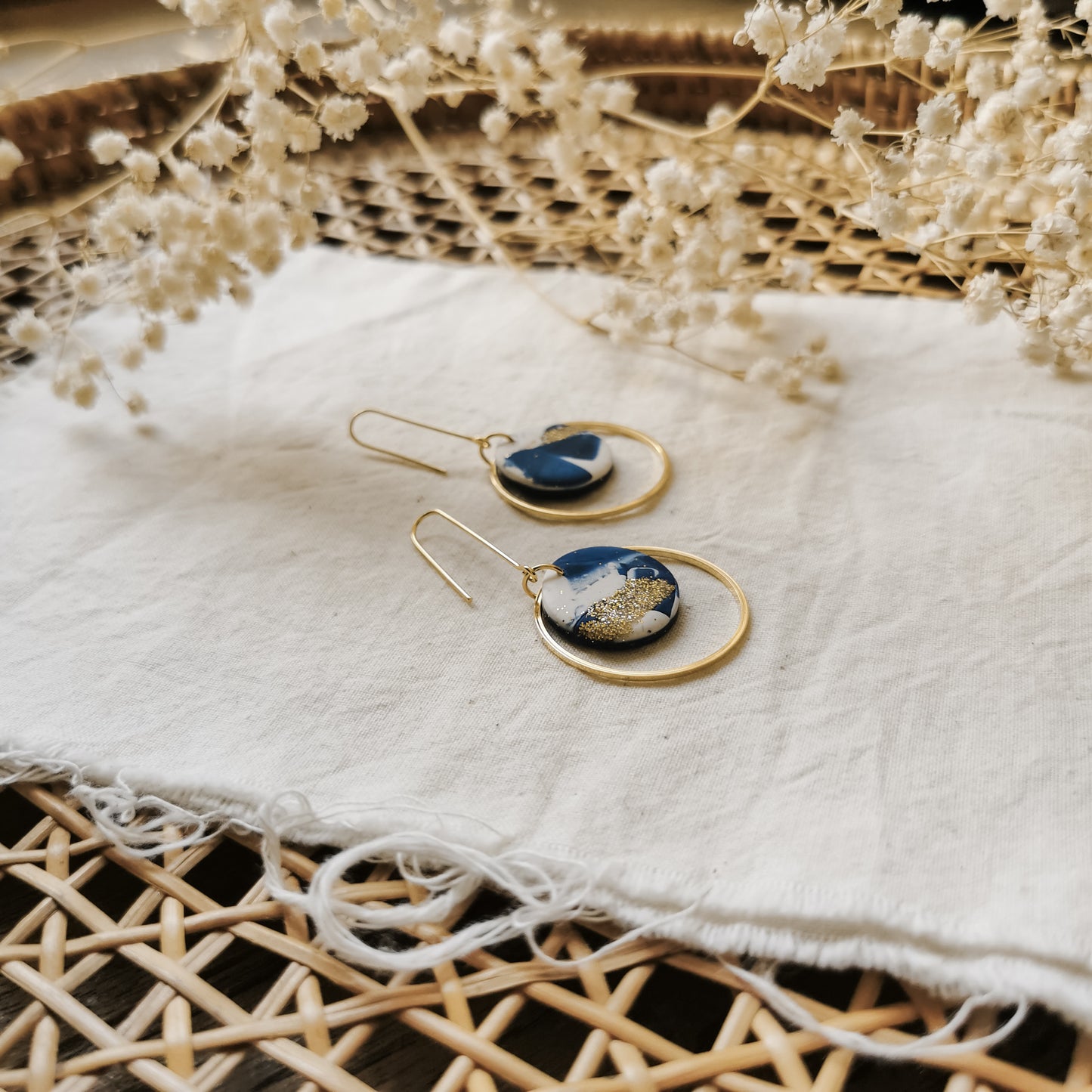 Bryluen Round | round hoop with circle detail long drop earrings in abstract mussel shell blue with gold