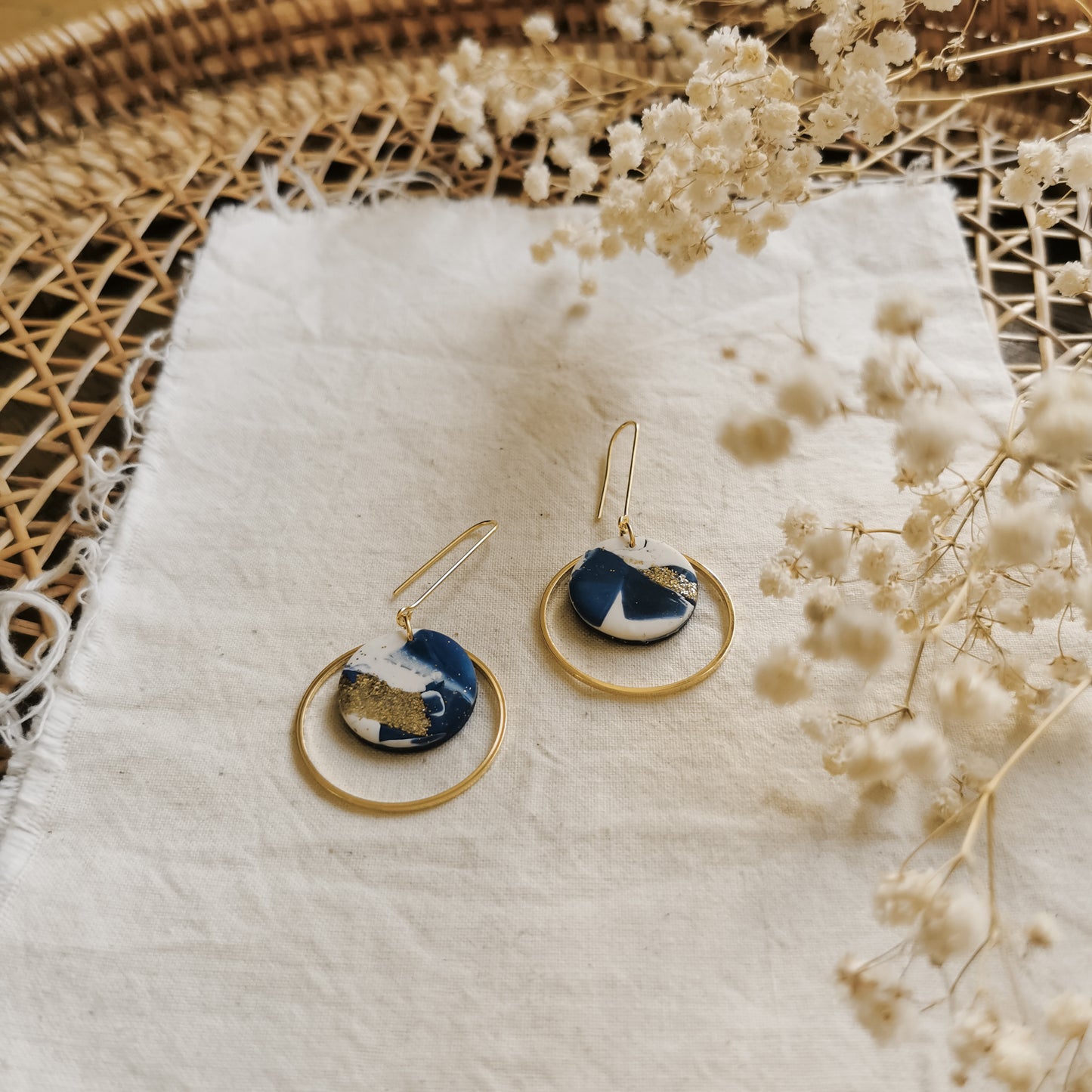 Bryluen Round | round hoop with circle detail long drop earrings in abstract mussel shell blue with gold
