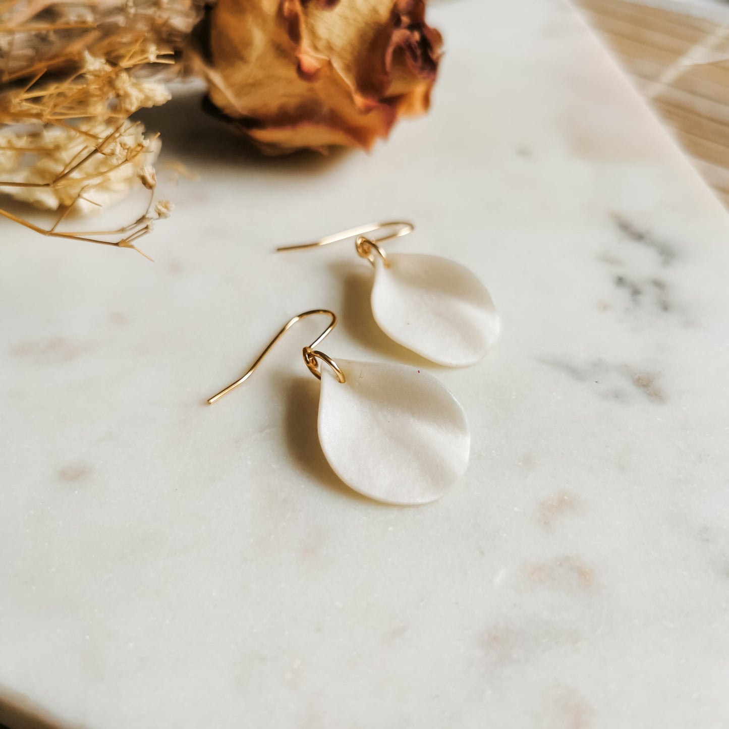 Small Petal Hook Earrings in Pearl White