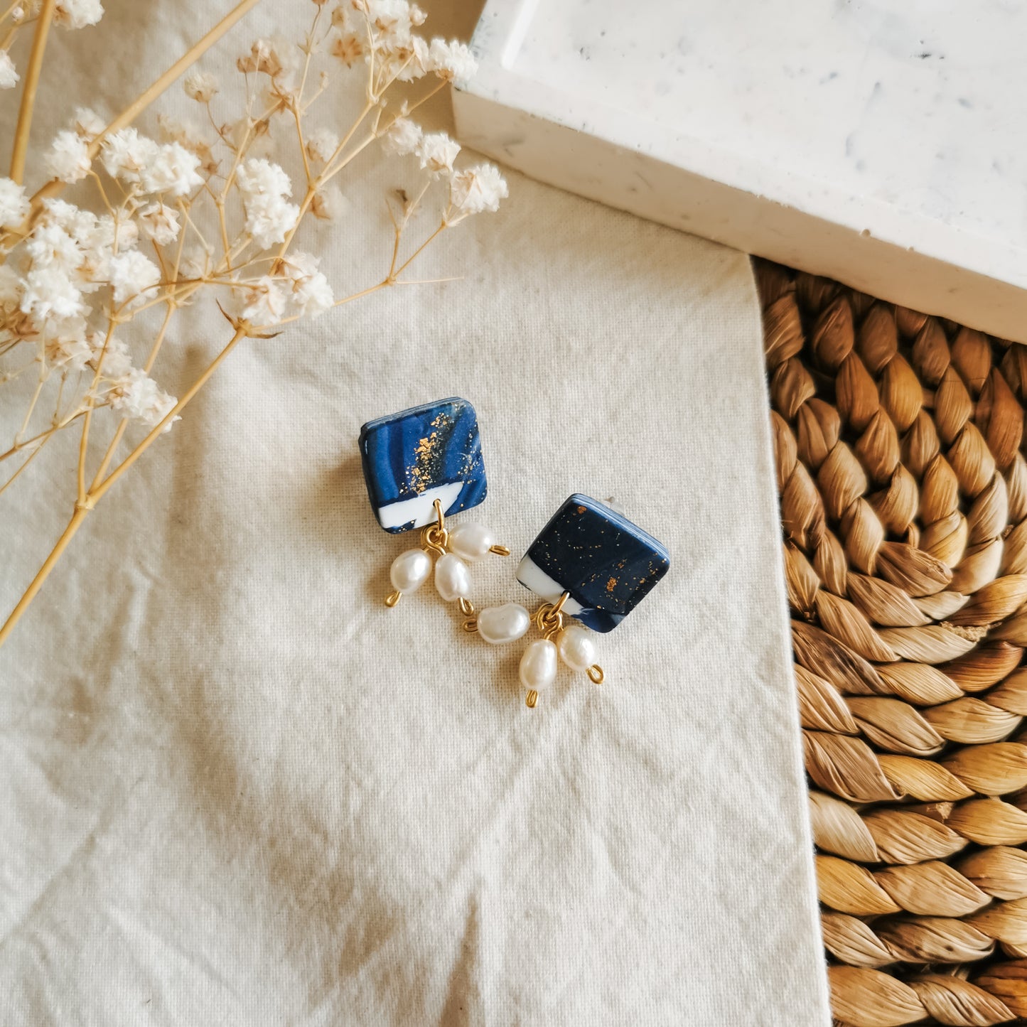 ELESTERN | Square stud drop earrings with fresh water pearls in mussel shell blue marble