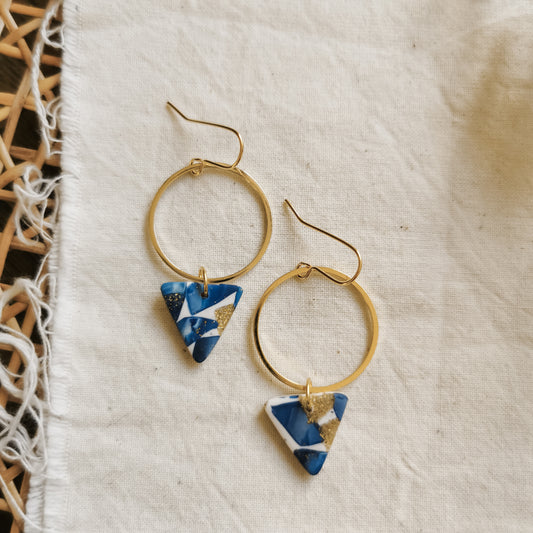 EBREL | round circle drop with triangle detail hook earrings in mussel shell blue terrazzo