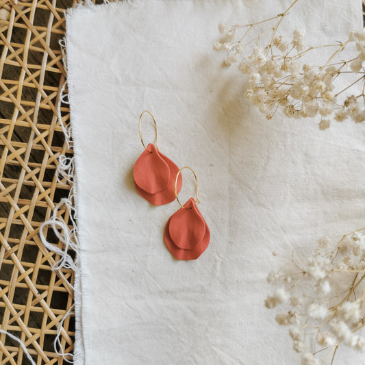 DELEN DOUBLE | medium rose petal 20mm hoop earrings in coral pink