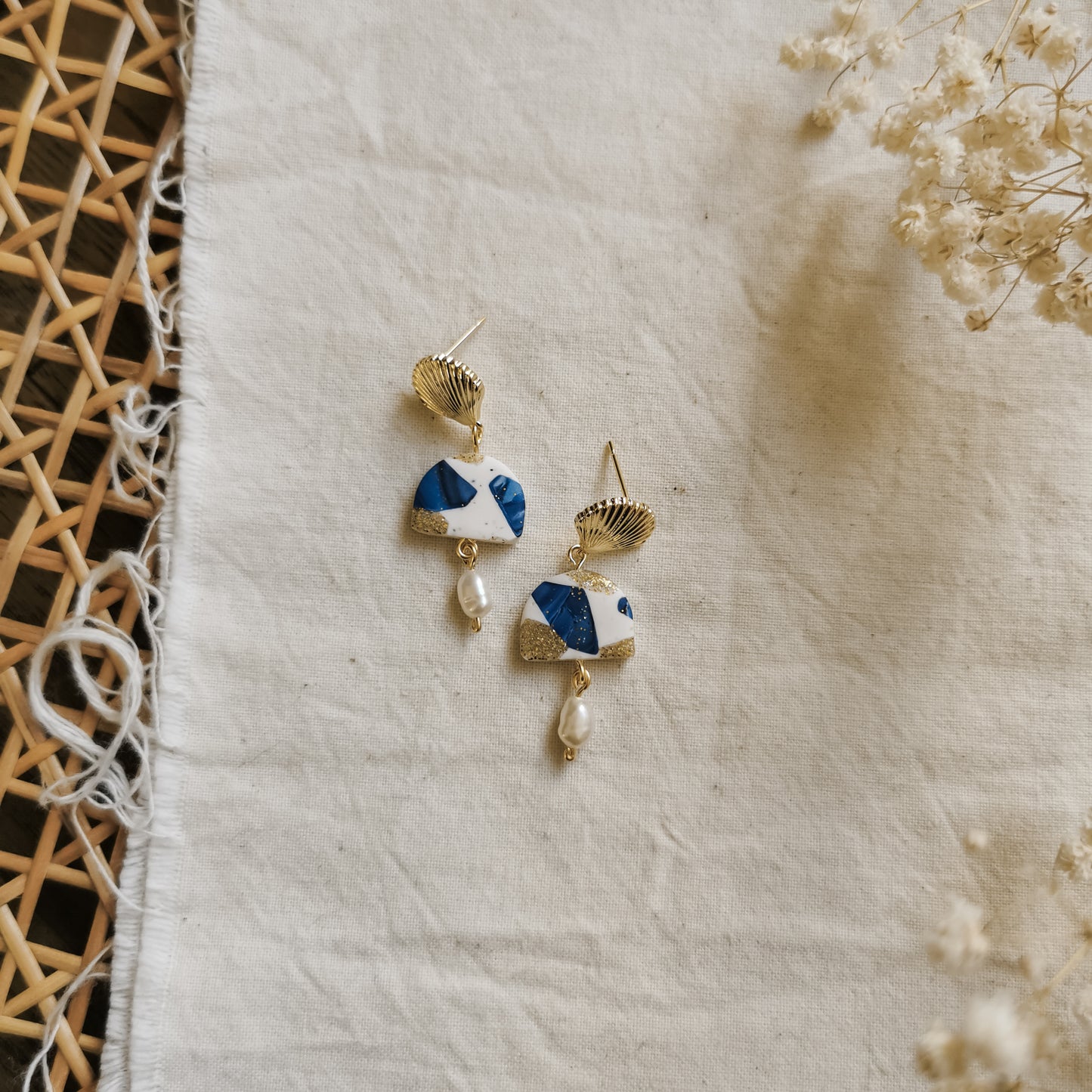 GWENER | Scallop shell stud drop earrings with fresh water pearl in mussel shell blue terrazzo