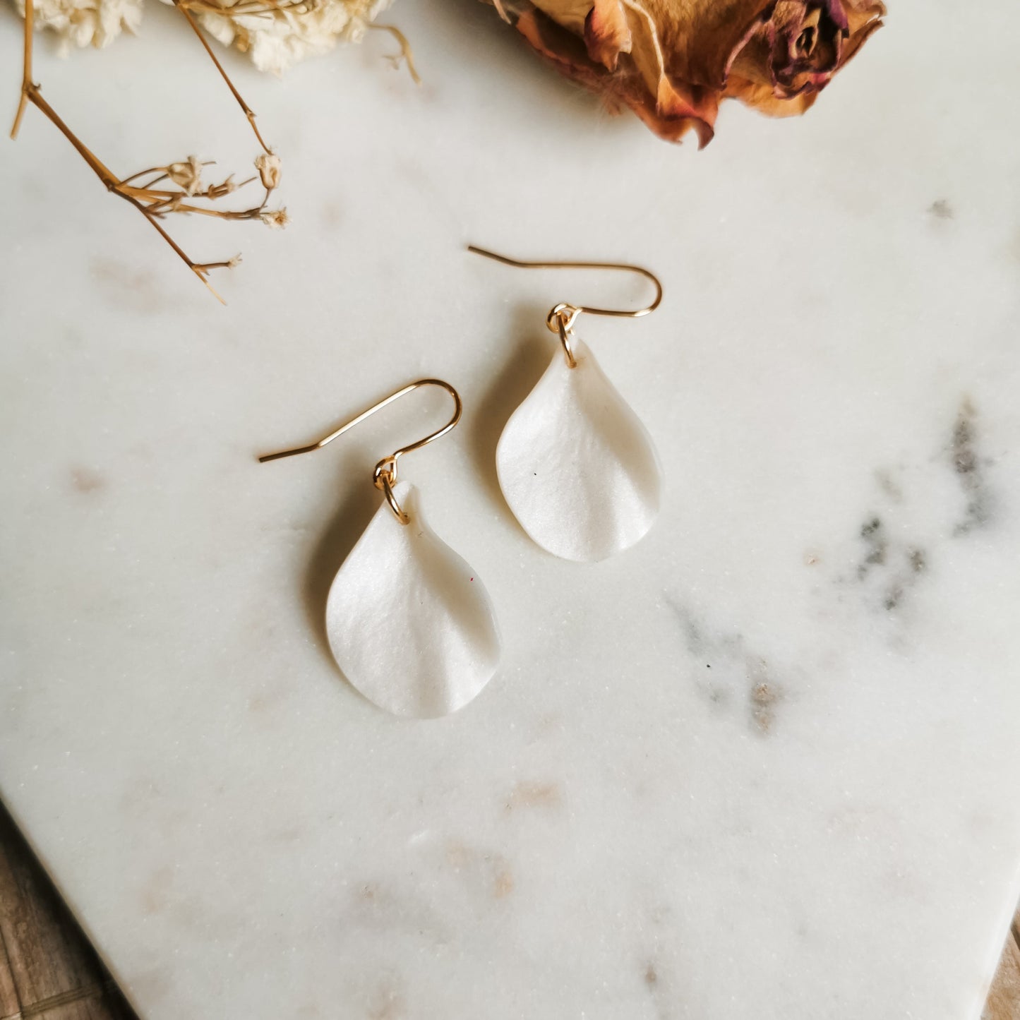 Small Petal Hook Earrings in Pearl White