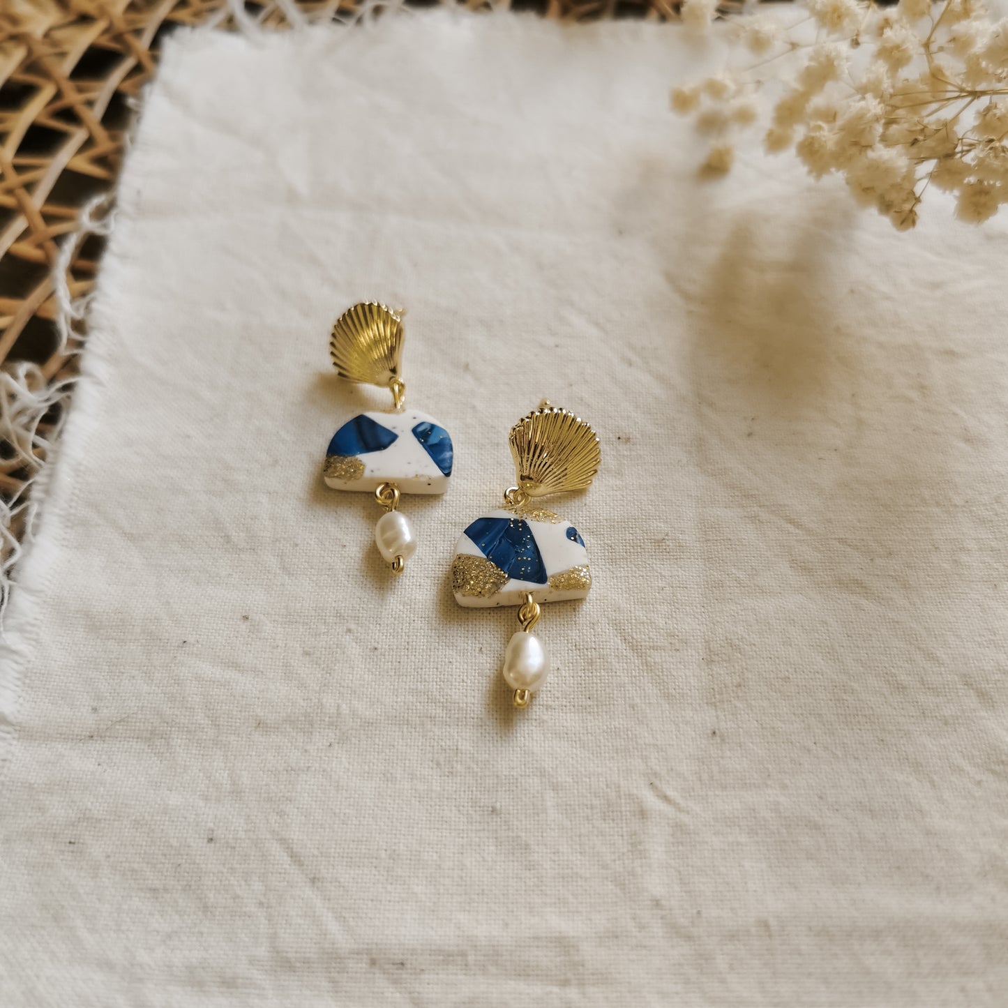 GWENER | Scallop shell stud drop earrings with fresh water pearl in mussel shell blue terrazzo