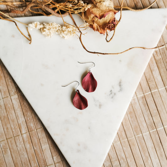 DELEN | small rose petal hook earrings in deep merlot red