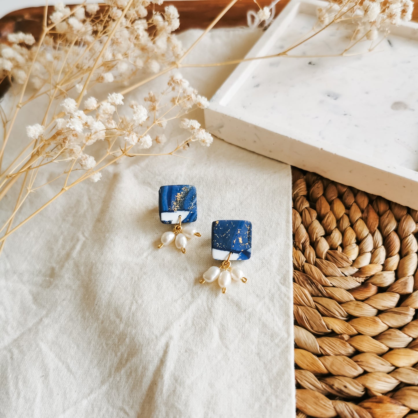 ELESTERN | Square stud drop earrings with fresh water pearls in mussel shell blue marble