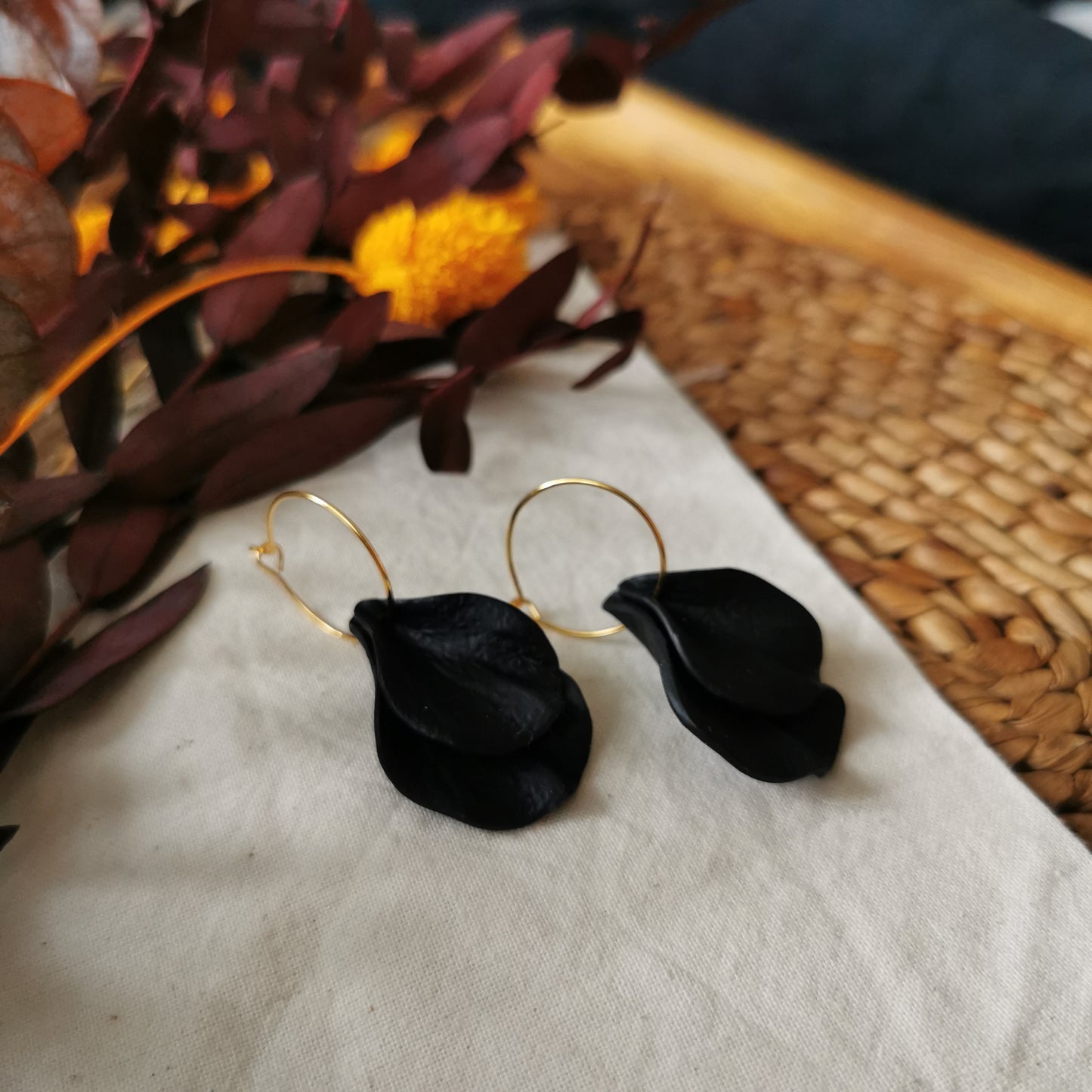 DELEN DOUBLE | medium rose petal 20mm hoop earrings in black velvet