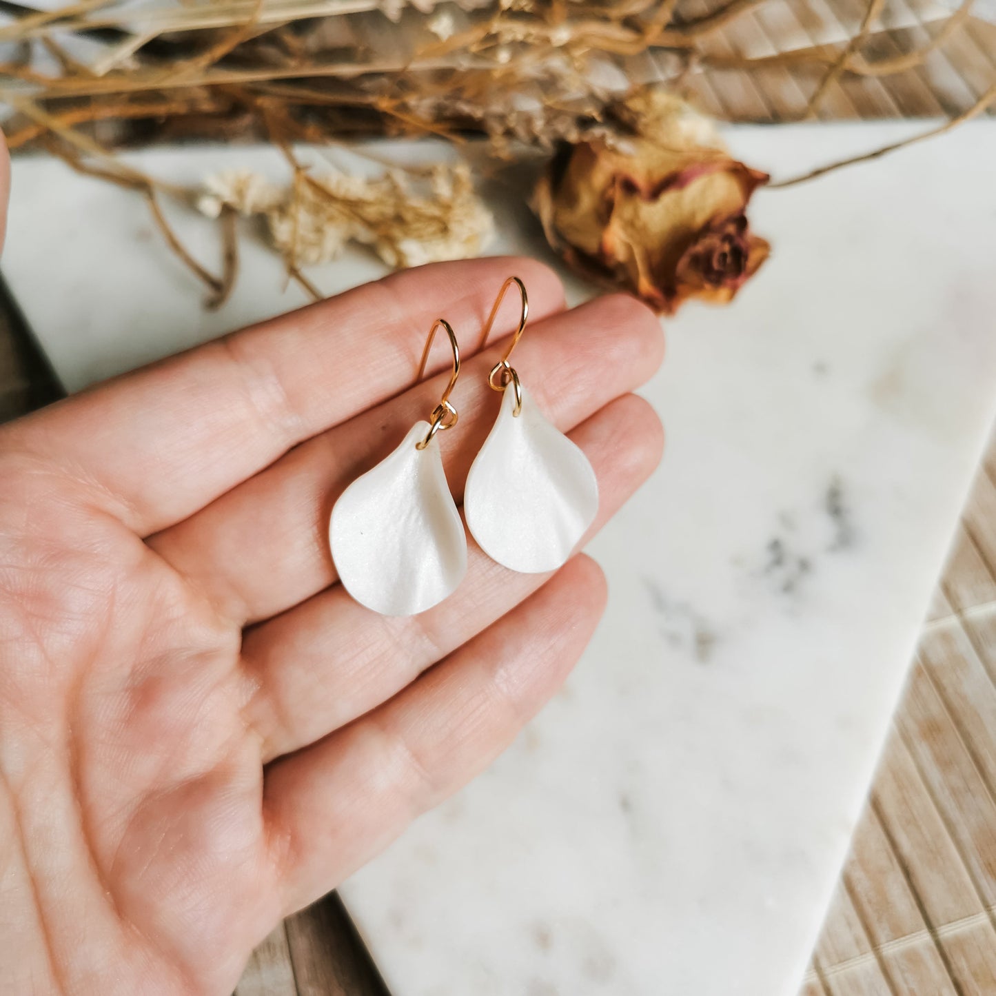 Small Petal Hook Earrings in Pearl White
